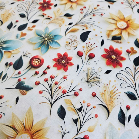 Material textil ranforce 5D, 240cm, bumbac 100%, Alb cu flori bleu si rosii [2]