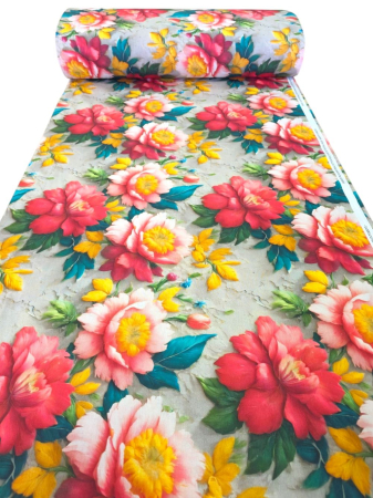 Materiale textile - Material textil ranforce 5D, 240cm, bumbac 100%, Trandafiri roz si rosii