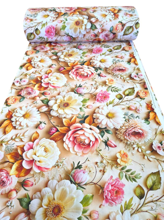 Bumbac ranforce digital 5D - Material textil ranforce 5D, 240cm, bumbac 100%, Crem cu trandafiri