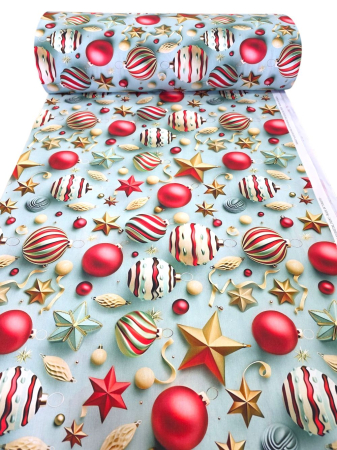 Bumbac ranforce digital 5D - Material textil ranforce 5D, 240cm, bumbac 100%, Craciun - Bleu cu globulete