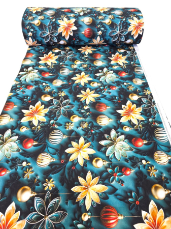 Bumbac ranforce digital 5D - Material textil ranforce 5D, 240cm, bumbac 100%, Craciun - Verde cu globulete si flori