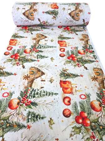 Bumbac ranforce digital 5D - Material textil ranforce 5D, 240cm, bumbac 100%, Craciun - Peisaj de Craciun