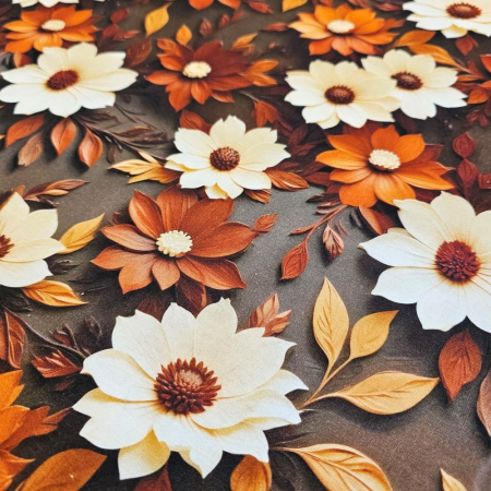 Material textil ranforce 5D, 240cm, bumbac 100%, Maro cu flori albe si caramizii [2]