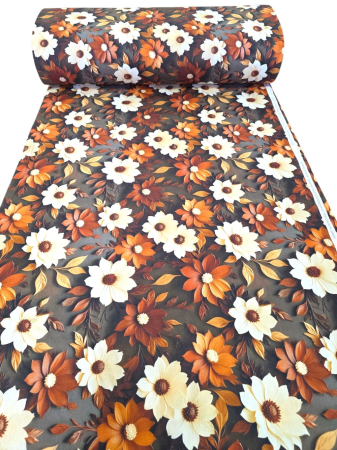 Materiale textile - Material textil ranforce 5D, 240cm, bumbac 100%, Maro cu flori albe si caramizii