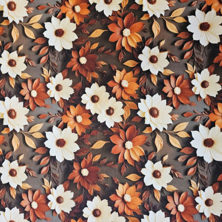 Material textil ranforce 5D, 240cm, bumbac 100%, Maro cu flori albe si caramizii [1]