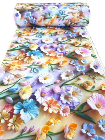 Bumbac ranforce digital 5D - Material textil ranforce 5D, 240cm, bumbac 100%, Crem/lila cu diverse flori