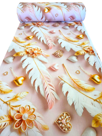 Materiale textile - Material textil ranforce 5D, 240cm, bumbac 100%, Roz cu fulg si inimioare