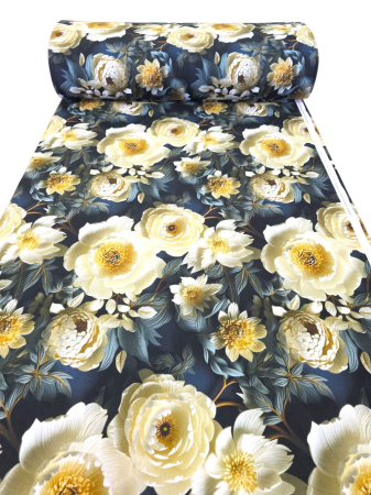 Bumbac ranforce digital 5D - Material textil ranforce 5D, 240cm, bumbac 100%, Bleumarin cu flori albe