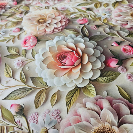 Material textil ranforce 5D, 240cm, bumbac 100%, Vernil cu flori si trandafiri roz [2]