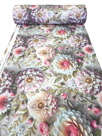 Bumbac ranforce digital 5D - Material textil ranforce 5D, 240cm, bumbac 100%, Vernil cu flori si trandafiri roz