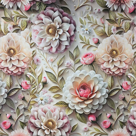 Material textil ranforce 5D, 240cm, bumbac 100%, Vernil cu flori si trandafiri roz [1]