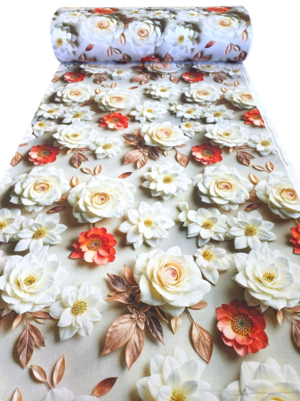 Materiale textile - Material textil ranforce 5D, 240cm, bumbac 100%, Trandafiri albi si flori rosii