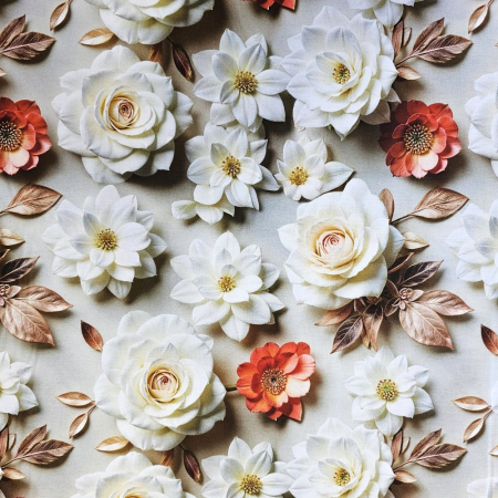 Material textil ranforce 5D, 240cm, bumbac 100%, Trandafiri albi si flori rosii [1]