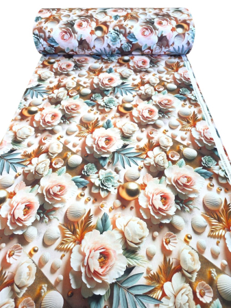 Materiale textile - Material textil ranforce 5D, 240cm, bumbac 100%, Trandafiri roz si scoici