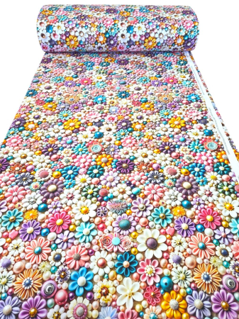 Materiale textile - Material textil ranforce 5D, 240cm, bumbac 100%, Floricele multicolore