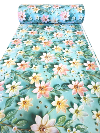 Materiale textile - Material textil ranforce 5D, 240cm, bumbac 100%, Verde cu flori galbene si roz