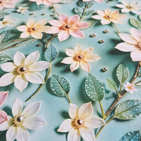 Material textil ranforce 5D, 240cm, bumbac 100%, Verde cu flori galbene si roz [2]