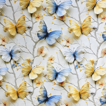 Material textil ranforce 5D, 240cm, bumbac 100%, Fluturi galbeni si albastri [1]