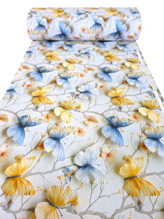 Materiale textile - Material textil ranforce 5D, 240cm, bumbac 100%, Fluturi galbeni si albastri