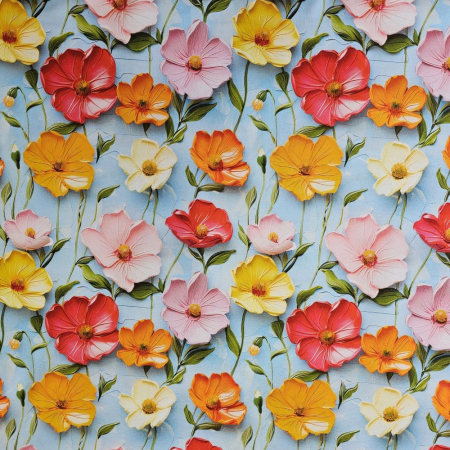 Material textil ranforce 5D, 240cm, bumbac 100%, Bleu cu flori roz si portocalii [1]