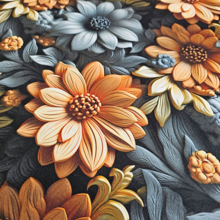 Material textil ranforce 5D, 240cm, bumbac 100%, Gri cu flori portocalii [2]