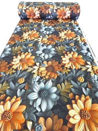 Materiale textile - Material textil ranforce 5D, 240cm, bumbac 100%, Gri cu flori portocalii