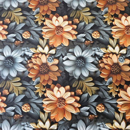Material textil ranforce 5D, 240cm, bumbac 100%, Gri cu flori portocalii [1]