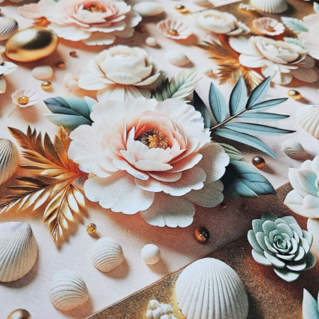 Material textil ranforce 5D, 240cm, bumbac 100%, Trandafiri roz si scoici [2]