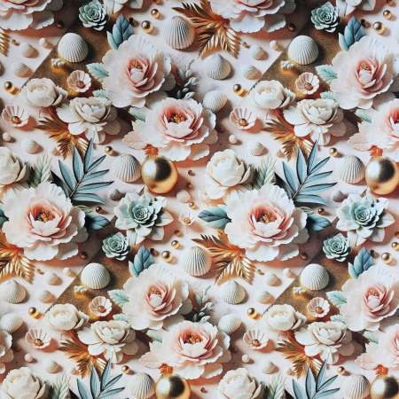 Material textil ranforce 5D, 240cm, bumbac 100%, Trandafiri roz si scoici [1]