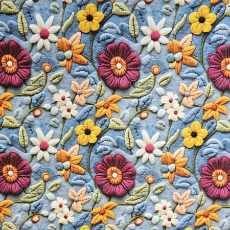 Material textil ranforce 5D, 240cm, bumbac 100%, Albastru cu flori tricotate [1]