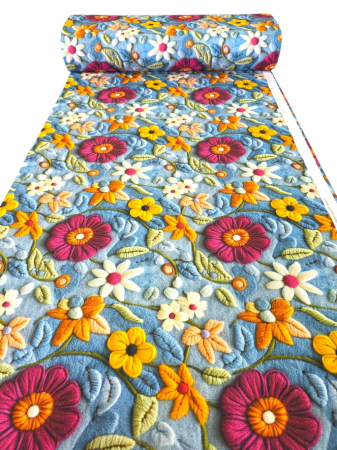 Materiale textile - Material textil ranforce 5D, 240cm, bumbac 100%, Albastru cu flori tricotate