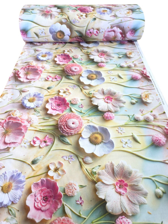 Bumbac ranforce digital 5D - Material textil ranforce 5D, 240cm, bumbac 100%, Crem cu camp de flori