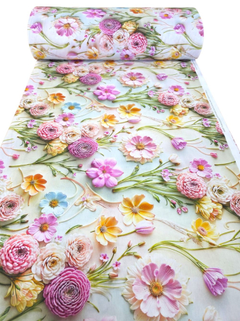 Bumbac ranforce digital 5D - Material textil ranforce 5D, 240cm, bumbac 100%, Vernil cu camp de flori