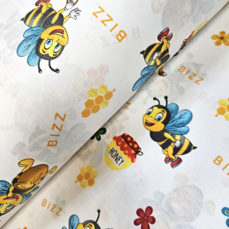 Materiale textile - Material textil ranforce, bumbac 100%, Alb cu albinute Bizz
