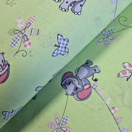 Materiale textile - Material textil ranforce, bumbac 100%, Verde cu elefanti si iepurasi