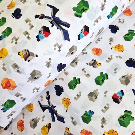 Bumbac ranforce copii - Material textil ranforce, bumbac 100%, Alb cu Minecraft