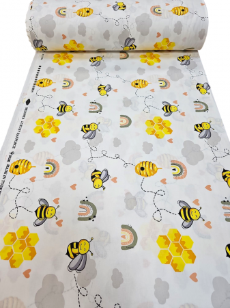 Material textil ranforce, bumbac 100%, Alb cu albinute si stupi [1]