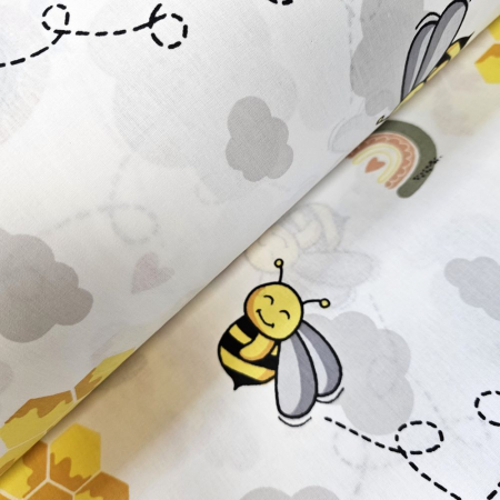 Materiale textile - Material textil ranforce, bumbac 100%, Alb cu albinute si stupi