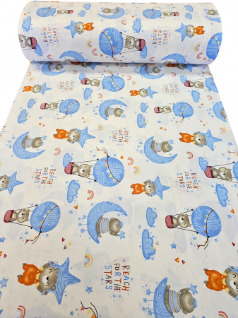 Material textil ranforce, bumbac 100%, Alb cu balon albastru si ursulet - albastru [2]