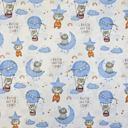 Material textil ranforce, bumbac 100%, Alb cu balon albastru si ursulet - albastru [1]