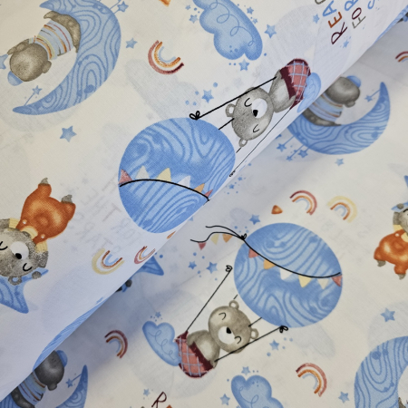 Bumbac ranforce copii - Material textil ranforce, bumbac 100%, Alb cu balon albastru si ursulet - albastru