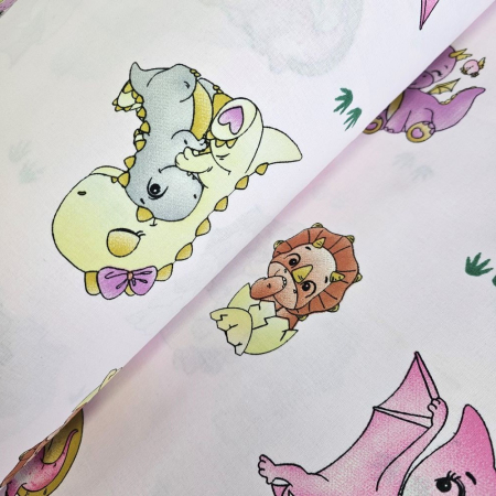 Bumbac ranforce copii - Material textil ranforce, bumbac 100%, Roz cu dinozauri