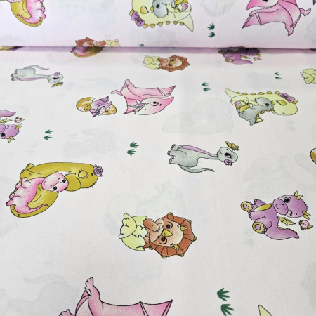 Material textil ranforce, bumbac 100%, Roz cu dinozauri [2]