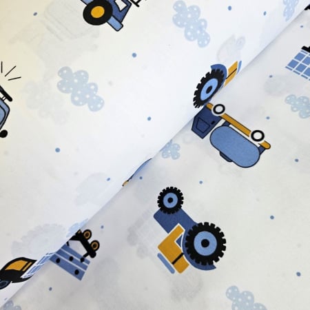 Bumbac ranforce copii - Material textil ranforce, bumbac 100%, Alb cu camioane albastre