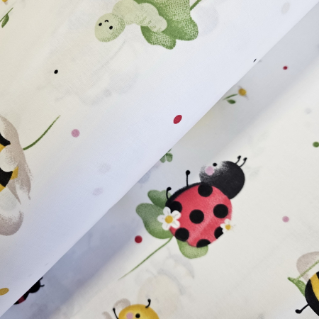 Materiale textile - Material textil ranforce, bumbac 100%, Alb cu gargarite si albinute