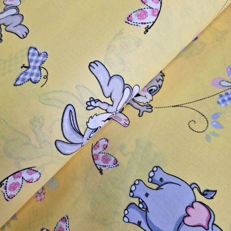 Bumbac ranforce copii - Material textil ranforce, bumbac 100%, Galben cu elefanti si iepurasi