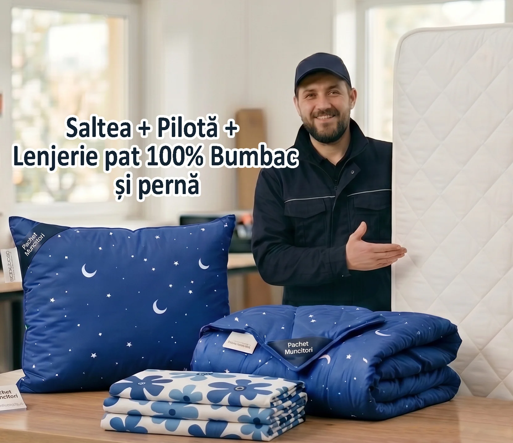 Perne și Pilote - Pachet Single-Saltea+Perna+Pilota+Lenjerie pat o persoana
