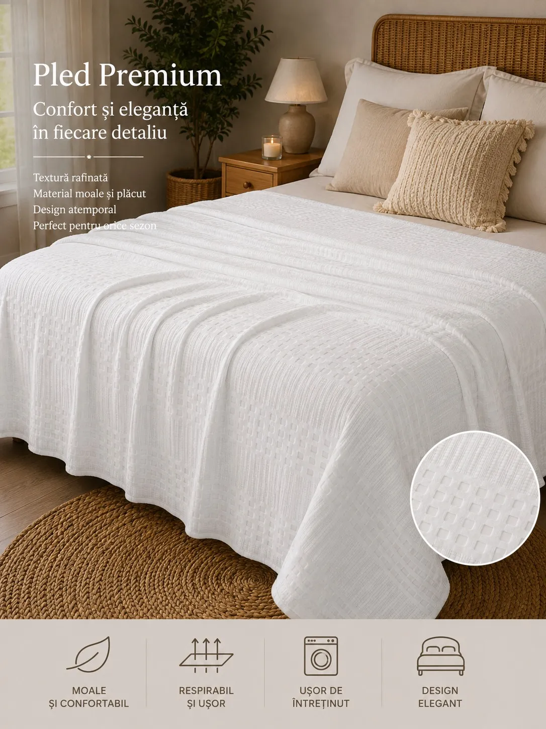 Cuverturi - Pled Waffles 100%bumbac (Alb) - Marime: 220X240cm