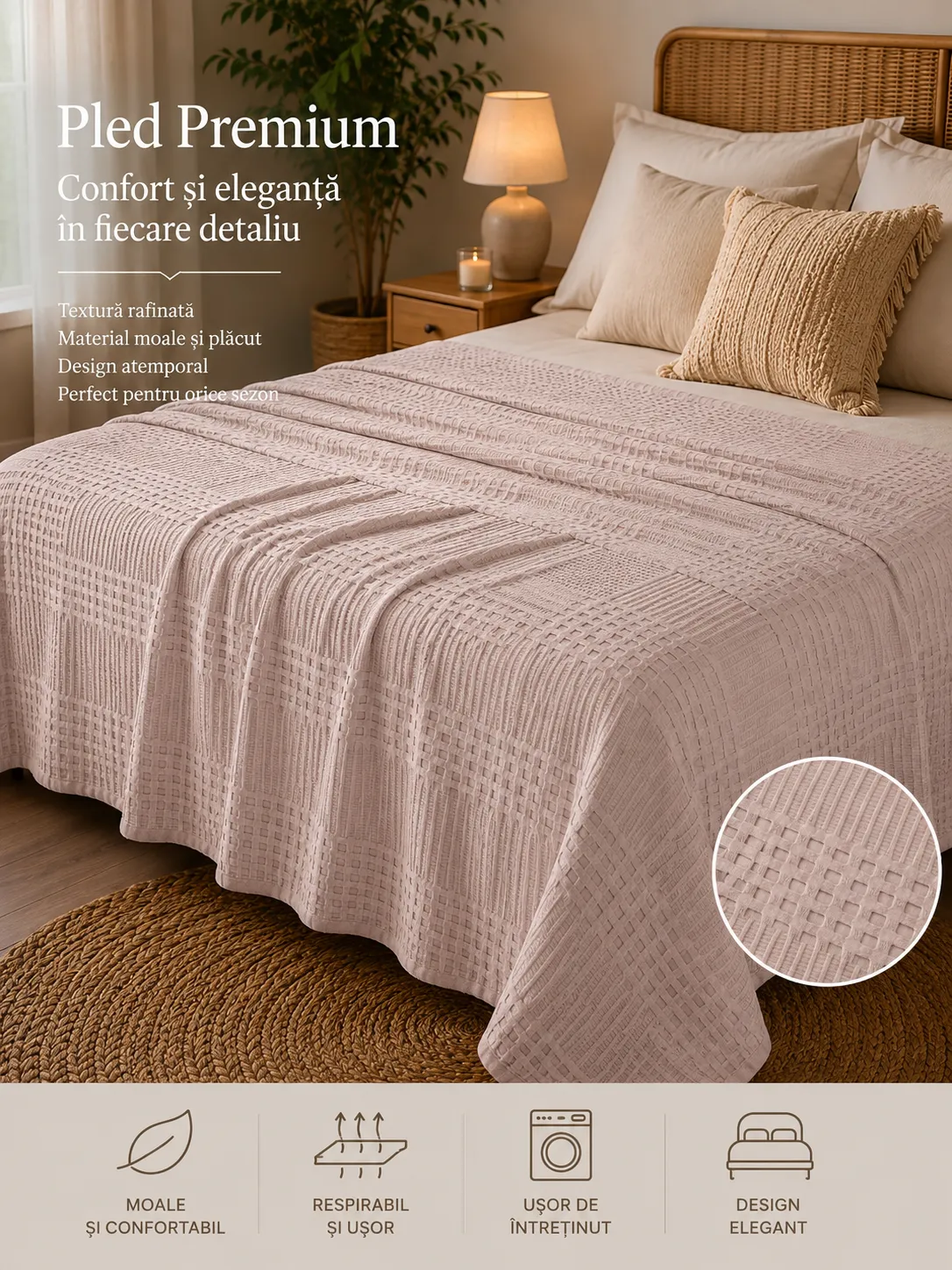 Cuverturi - Pled Waffles 100%bumbac (Bej) - Marime: 220X240cm
