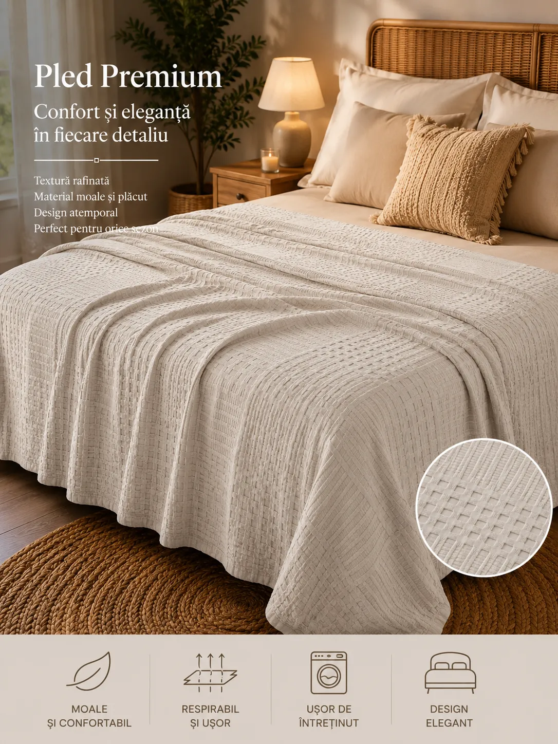 Cuverturi - Pled Waffles 100%bumbac (Crem) - Marime: 220X240cm